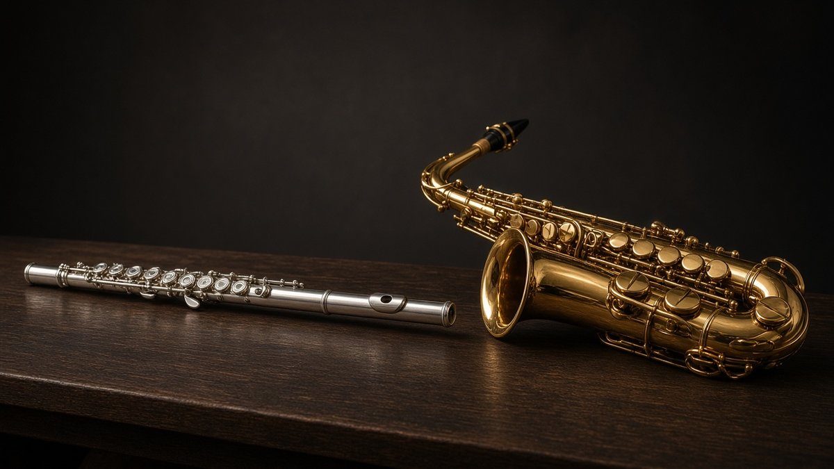 Flute and alto saxophone lying side by side on a dark wooden table