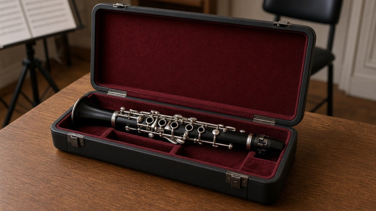 Student clarinet in an open case with red lining