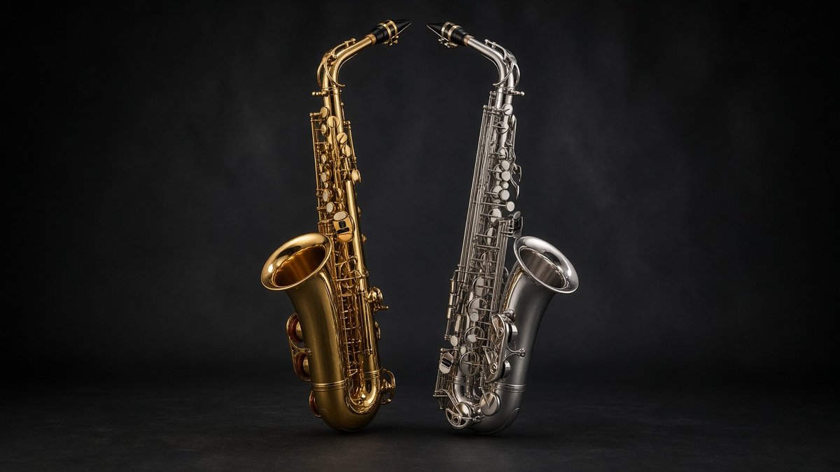 Gold and silver alto saxophones side by side on a dark backdrop