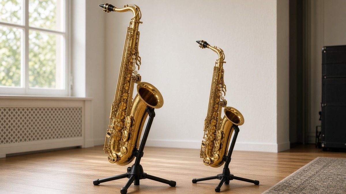 Tenor and alto saxophones standing side by side on stands