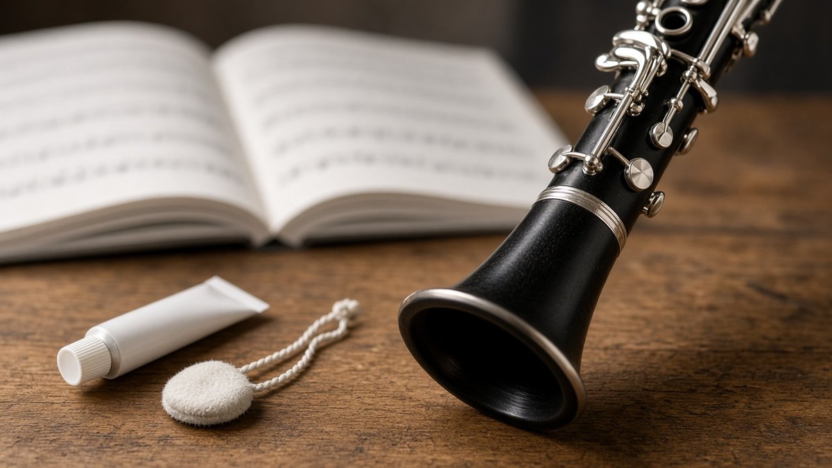Clarinet with cork grease and a swab on a table beside sheet music