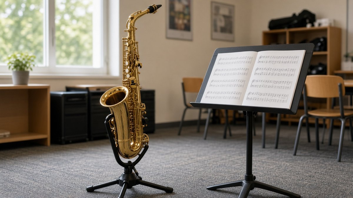 Gold alto saxophone on a stand beside a music stand in a music room