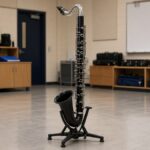 Bass clarinet on a floor stand in a school band room