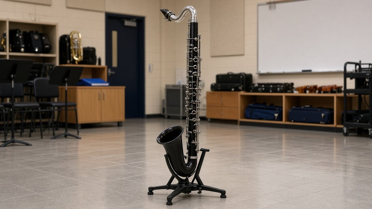 Bass clarinet on a floor stand in a school band room