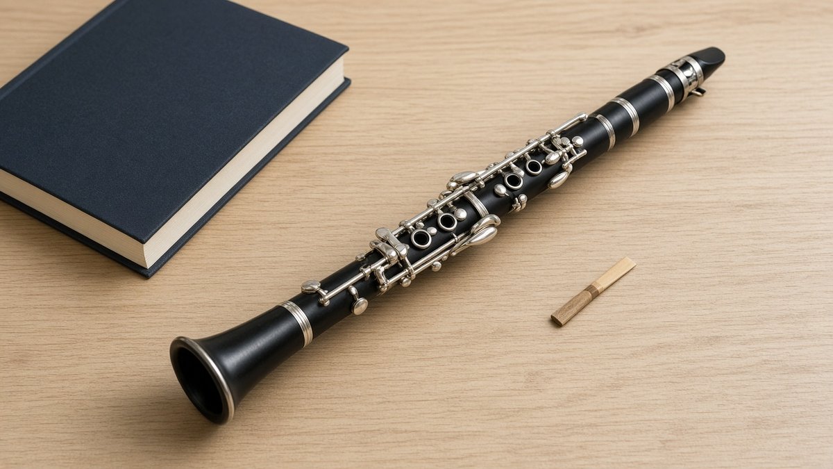 Student clarinet with a method book and reed on a light wooden desk