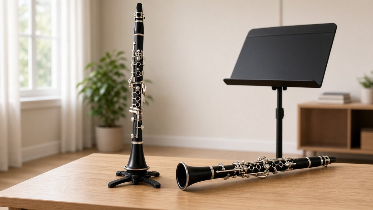 Two clarinets, one on a stand and one on a table, in a bright practice room