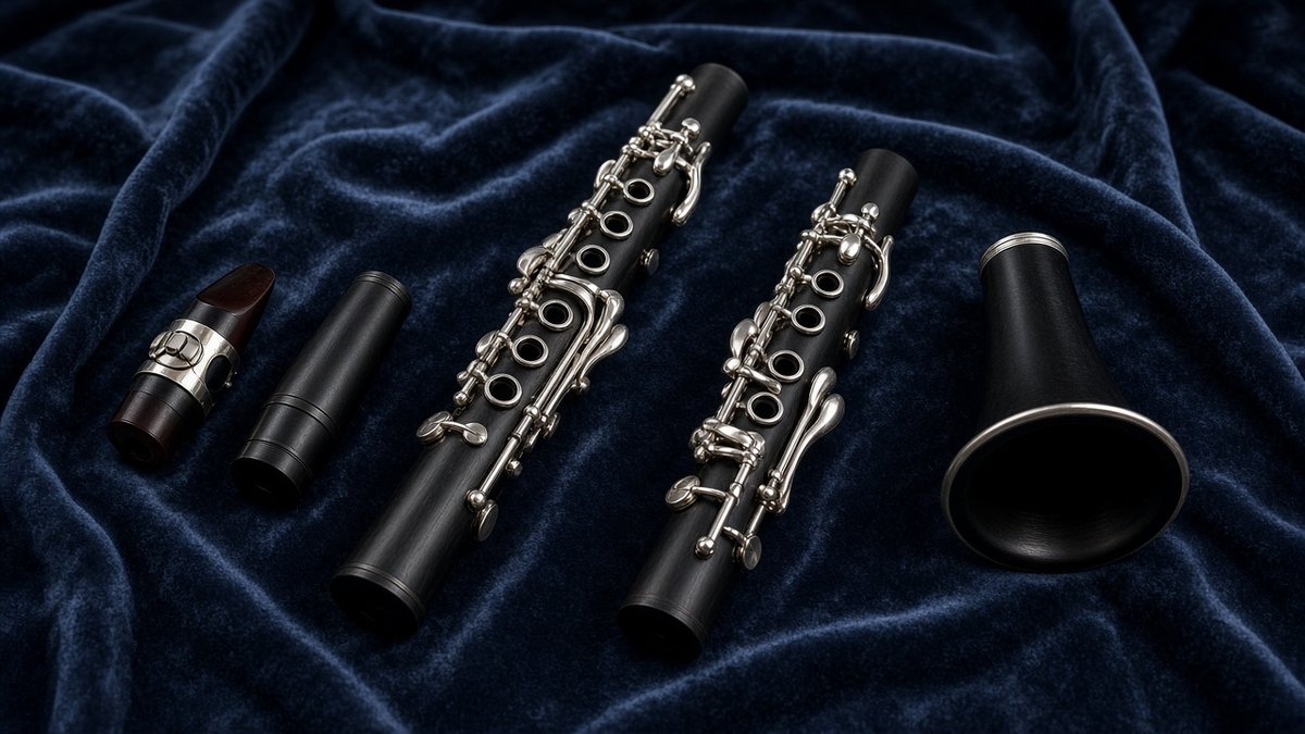 Professional clarinet disassembled on dark blue velvet
