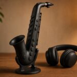 Digital saxophone controller on a stand next to headphones