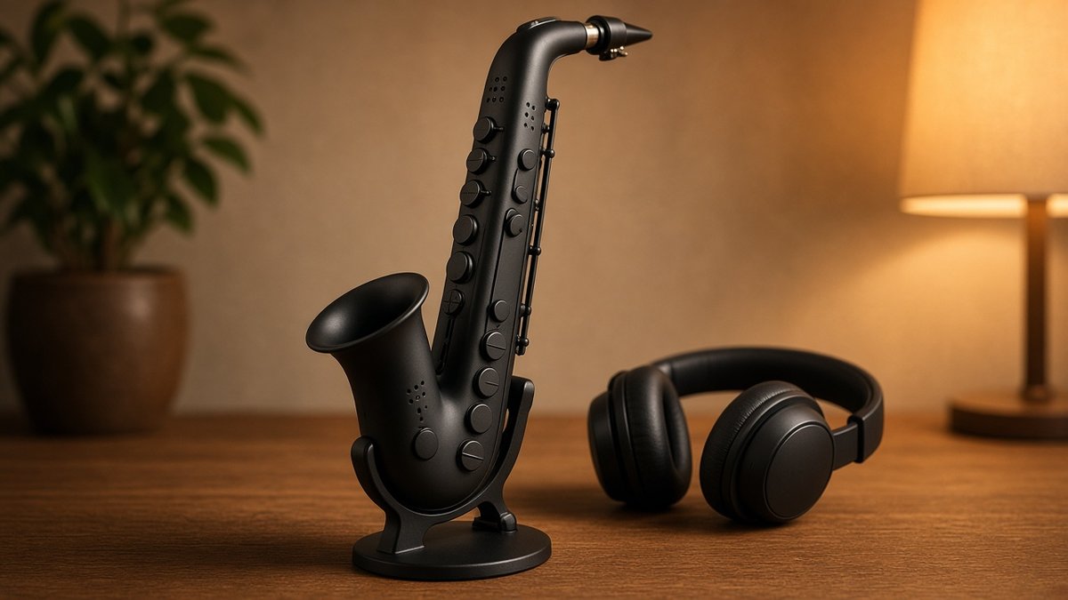 Digital saxophone controller on a stand next to headphones