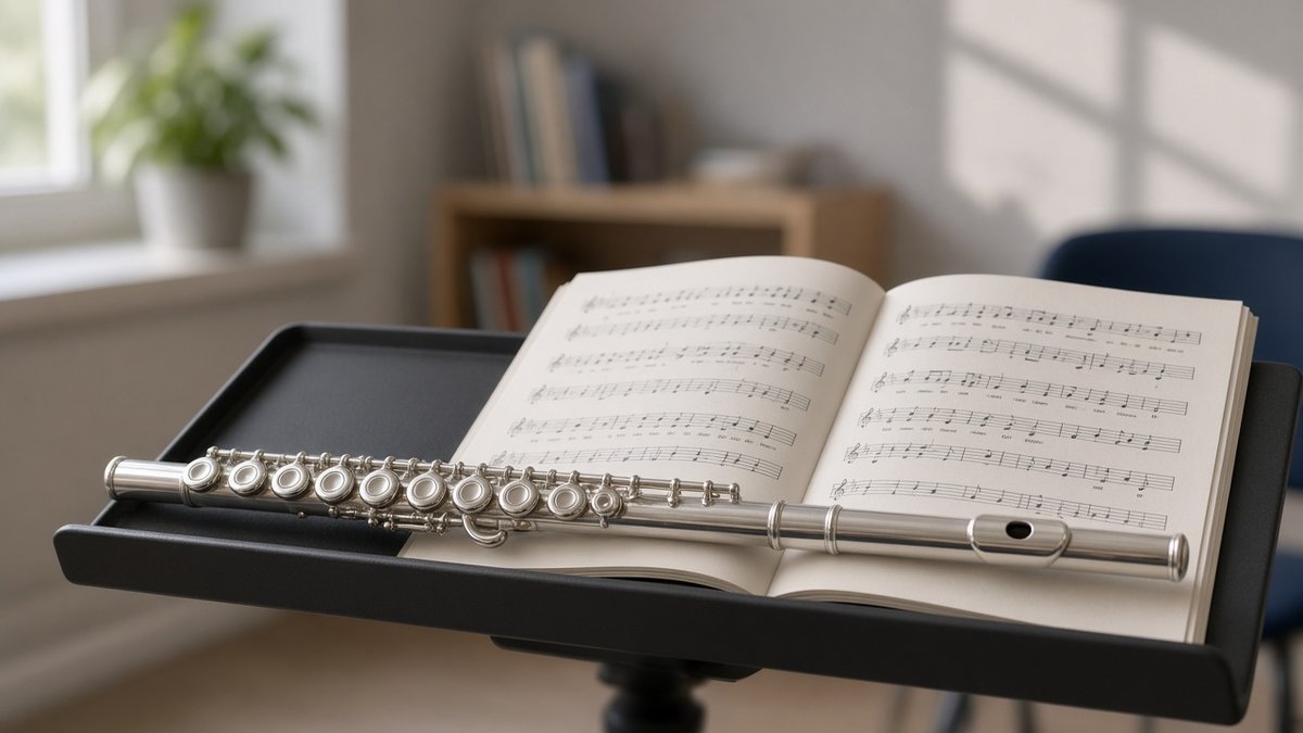 Silver student flute on a music stand with an open method book